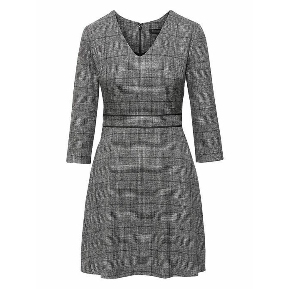 Banana Republic Dress Womens 14 Black Gray‎ Plaid Tweed Fit Flare Work Office